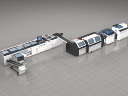 Meccanotecnica: produzione automatica di libri di alta qualità da stampa digitale La linea completa in mostra agli Hunkeler Innovationdays, formata da Universe Sewing Web-fed, la linea di piega e cucitura di fogli singoli provenienti da stampa digitale web, e Inline, linea di brossura, incolladorsi multifunzionale.